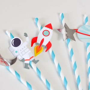 Pajitas de papel de fiesta espacial, cohete, astronauta, luna, planeta, estrella, decoración de fiesta en el espacio exterior, pajitas de papel en el espacio exterior, decoración de fiesta en el espacio exterior