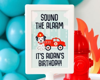Personalized Sound the Alarm Party Sign | Firetruck Birthday Decorations, Firefighter Welcome Sign, Two the Rescue, Fireman Party Decor
