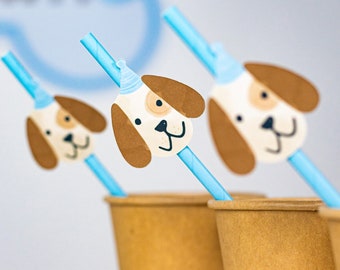 Cannucce di carta a forma di cucciolo / Decorazioni per feste di compleanno a tema "Adotta un cucciolo", articoli per feste a tema cani, cannucce per bevande a forma di cucciolo
