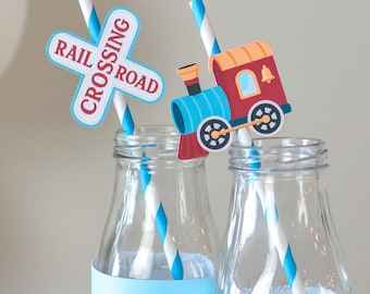 Train and Railroad Crossing Paper Straws | Choo Choo Birthday Drink Decor for Kids