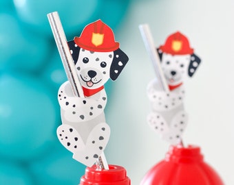 Firefighter Dalmatian Paper Straws | Firetruck Birthday Party Decor, Two the Rescue Theme, Fireman Drink Straws