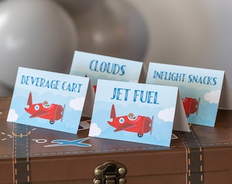カスタムヴィンテージ飛行機テントカード | 飛行機フードラベル、飛行機誕生日パーティー、タイムフライズパーティー、子供用飛行機パーティーデコレーション
