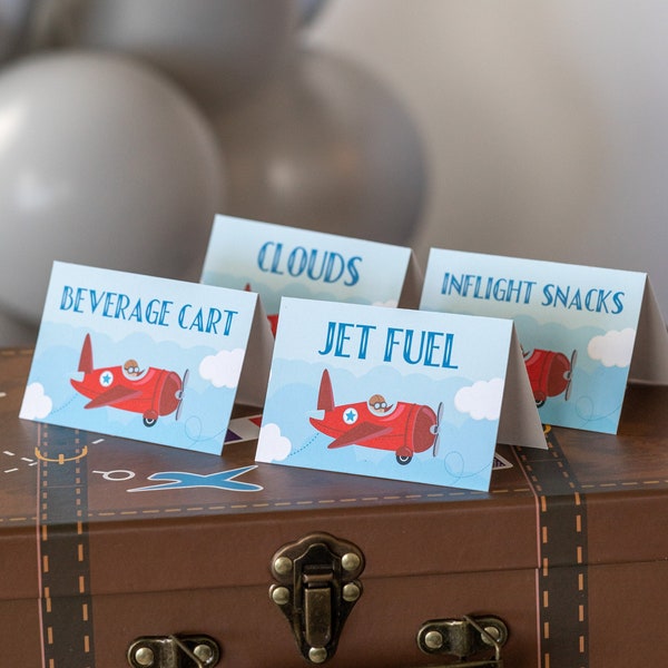 Custom Vintage Airplane Tent Cards, Airplane Food Labels, Airplane Birthday Party, Airplane Birthday, Airplane Party, Time Flies Party