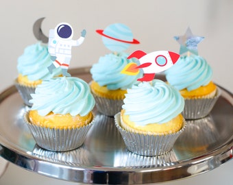 Space Party Cupcake Toppers | Rocket, Astronaut, Moon, Planet, Star | Outer Space Birthday Party Decor | Space Dessert Table Decor