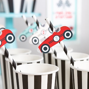 May include: Black and white striped paper cups with black and white striped straws. Each straw has a red race car cutout attached to the top. The race cars have black wheels and white numbers.