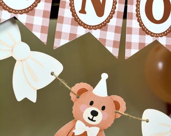 Teddy Bear Garland Banner with Bow | Brown and Beige Decor for a Teddy Bear Birthday or Baby Shower | Gender Neutral