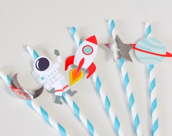 Space Party Paper Straws | Rocket, Astronaut, Moon, Planet, Star, Outer Space Birthday Party Decor, Kids Party Supplies, Cosmic Theme