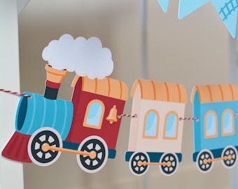 Vintage Train Garland | Red, Blue, and Cream Banner Decor for a Kids Choo Choo Birthday