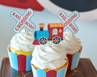 Train and Railroad Crossing Cupcake Toppers | Choo Choo Birthday Dessert Table Decor for Kids