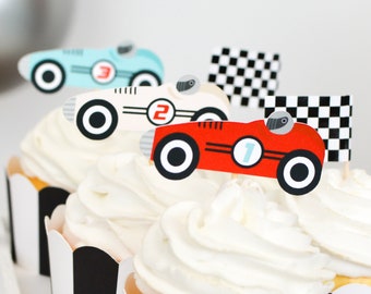 Vintage Race Car Cupcake Toppers | Race Car Party Decorations, Fast One & Two Fast Birthday Toppers, Kids Cupcake Toppers, Car-Themed Party