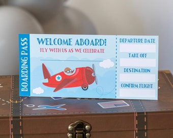 May include: A blue and red airplane themed boarding pass with the text "Welcome Aboard! Fly with us as we celebrate." The pass has spaces to fill in the departure date, take off time, destination, and confirm flight.