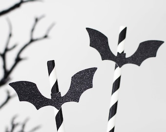 3D Glitter Bat Paper Straws | Spooky Halloween Party Drink Decor