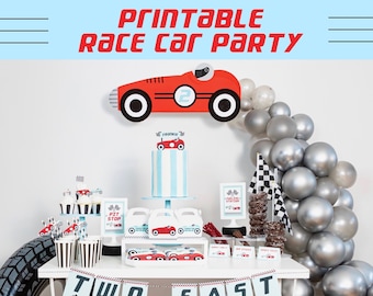 PRINTABLE Vintage Race Car Party Bundle, Race Car Party in a Box, Race Car Party Decorations, Two Fast Party, Digital Download, Race Car SVG
