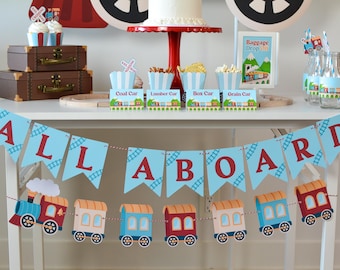 All Aboard Choo Choo Pennant Garland | Train Birthday Party Decor for Kids