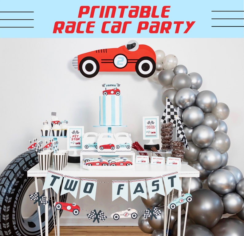 Printable Race Car Party Bundle | Two Fast or Fast One Birthday Decorations, Editable Corjl Templates image 1
