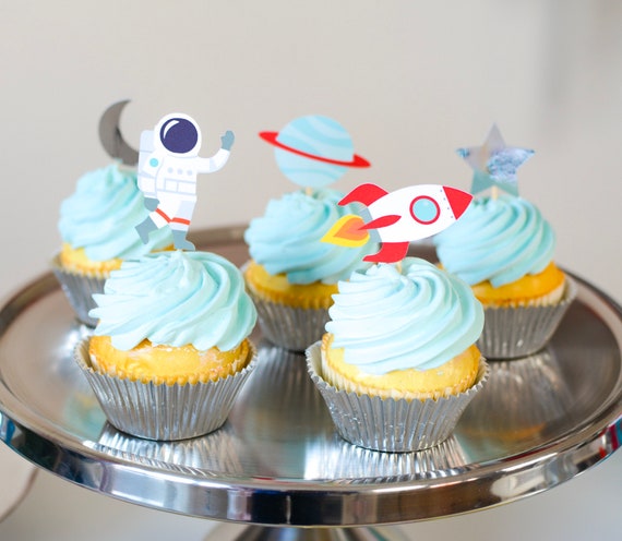 Space Party Cupcake Toppers, Rocket, Astronaut, moon, planet, star, outer space party decor, space cupcake toppers, outer space party decor Il_570xn