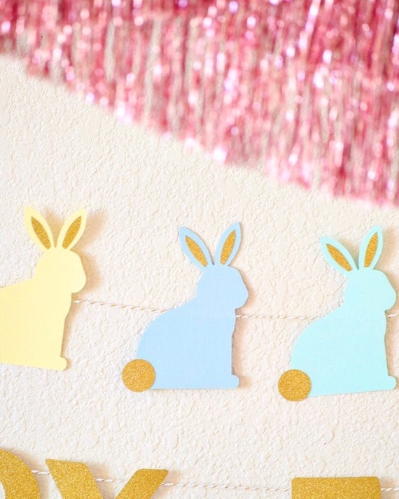 Pastel and Gold Glitter Bunny Banner, Easter Banner, Easter Garland, Easter decorations, easter basket, easter wreath, easter bunny, rabbit Il_570xn