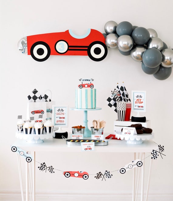 Printable Vintage Race Car Wall Art, Race Car Balloon Garland, Race Car Wall Decal, Race Car Party Sign, Race Car Decoration, Two Fast Party Il_570xn