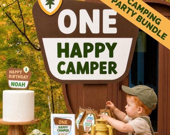 Personalized Happy Camper Party Decorations Bundle | Complete S'mores Fun Birthday Party Kit for Kids
