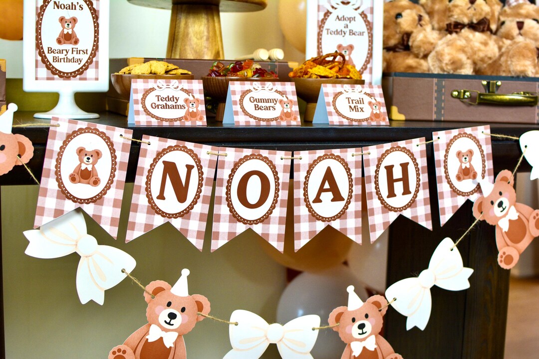 Teddy Bear Name Banner Gingham | Beary First Birthday Decorations ...