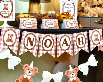 Personalized Teddy Bear Name Banner in Gingham | Custom Garland for a Teddy Bear Birthday or Baby Shower | Gender Neutral