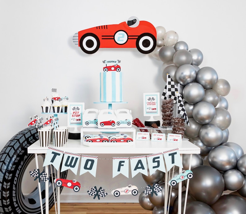 Printable Race Car Party Bundle | Two Fast or Fast One Birthday Decorations, Editable Corjl Templates image 2