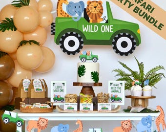 Personalized Safari Party Decorations Bundle | Complete Welcome to the Jungle Birthday Party Kit for Kids