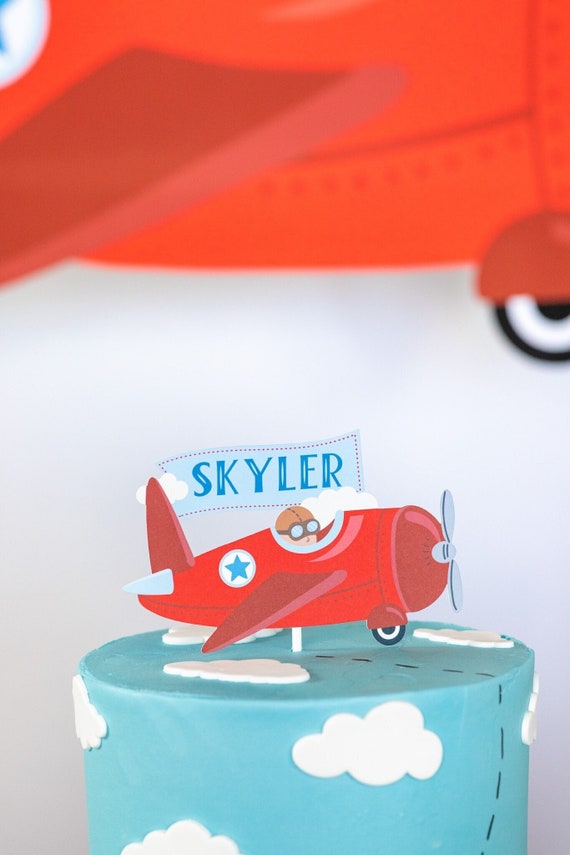 Personalized Vintage Airplane Cake Topper | Airplane Birthday Party, Time Flies Party, Airplane Party Theme, Custom Name Cake Decor