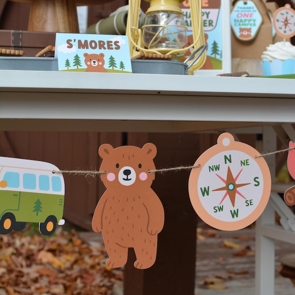 One Happy Camper Party Banner | Camping Party Decorations, Smore Fun Birthday, Happy Camper Theme, Outdoor Adventure Kids Party