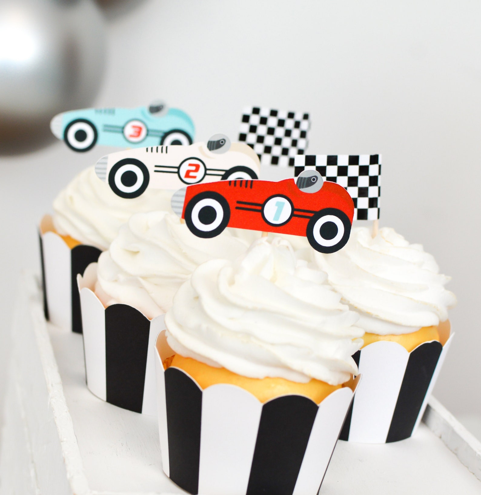 Vintage Race Car Cupcake Toppers  Race Car Party Decorations Fast One  Two Fast Birthday Toppers Kids Cupcake Toppers CarThemed Party