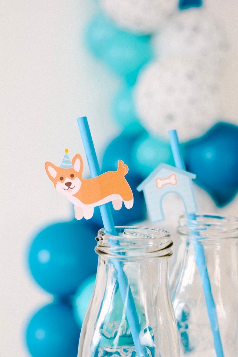 May include: Two clear glass bottles with blue straws. One straw has a paper cutout of a dog wearing a party hat, the other has a paper cutout of a doghouse. The bottles are in front of a background of blue and white balloons.