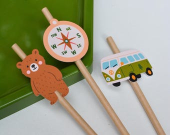 Pajitas de papel para una fiesta de campamento feliz / Decoraciones para fiestas de campamento, Cumpleaños divertido con S'more, Tema de campamento feliz, Aventura al aire libre, Fiesta de leñadores