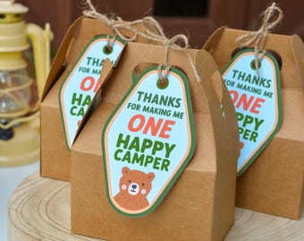 Etichette per bomboniere One Happy Camper, etichette per bomboniere per feste di compleanno in campeggio, decorazioni per feste di compleanno One Happy Camper, bomboniere per feste in campeggio