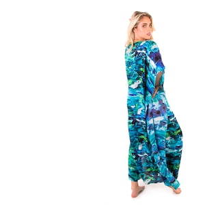 Water Print Rayon Long Kaftan: Boho Beach Cover-Up