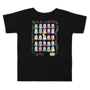 May include: Black toddler t-shirt with a colourful alphabet design. Each letter is a cartoon character with the letter on its chest. The word "Zzz" is printed around the alphabet.