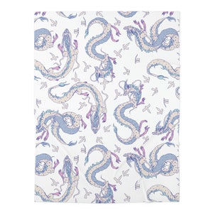 May include: A white background with a repeating pattern of blue and purple dragons. The dragons are stylized and have a whimsical feel.