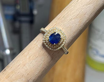 Szafir Mogok Blue, aureola z diamentów ze złota 14K, nieogrzewany pierścionek zaręczynowy z Birmy