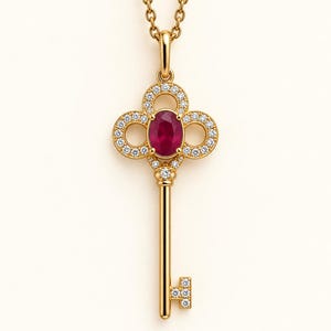 14K Gold Ruby Key Pendant Necklace, Unheated Mogok Diamond Accents