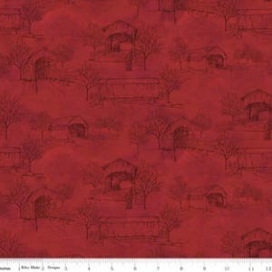 May include: Red fabric with a repeating pattern of covered bridges and bare trees. The bridges are sketched in black, set against a deep red background. The design has a vintage, rustic feel.