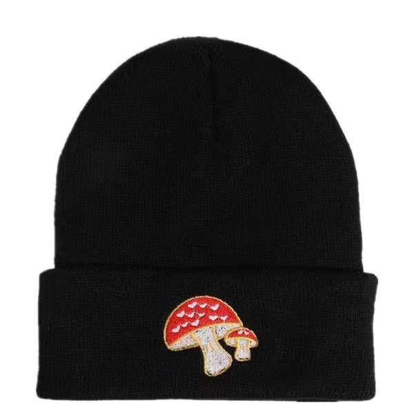 Mushroom knit black beanie. Mushroom black hat embroidered skull cap.  One size fits all.