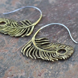 Brass & Silver Earrings - Handmade Jewelry -  Peacock's Feather - Silver Hook - Light Earrings - Tribal Style - Animal - Cute Earrings