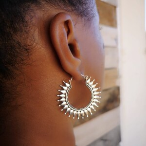 Silver Earrings - Hoops - Light Earrings - Ethnic Jewelry - Medium Size Hoops - Sun Shape - Smooth Surface - Boho Style