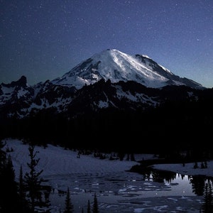 Stars over Tahoma, Mt Rainier National Park, Mountain Photo, Stars, Night Sky, Landscape Photography, Nature Print, Fine Art Photography image 1