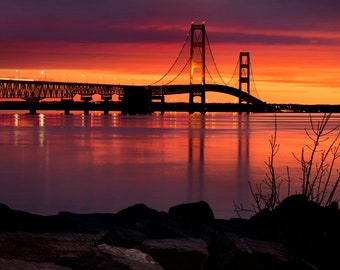 Bridge Photo, Mackinaw Bridge, Dawn, Michigan, Architecture Photo, "Sunrise at the Straits", Fine Art Photography, Mackinaw City