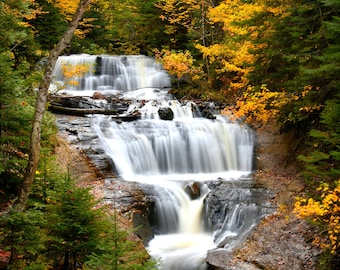 Waterfall Photo, Michigan, Upper Peninsula, Landscape Photography, Nature Print, "Sable Falls in Autumn", Fine Art Photography