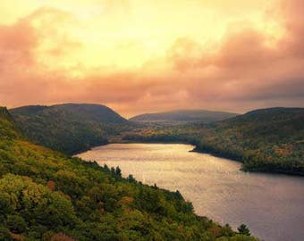 Sunrise Photo, Porcupine Mountains, Michigan, Landscape Photography, Nature Print, "Lake of the Morning", Fine Art Photography, Panorama