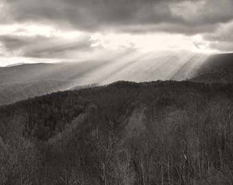 Sunset Photo, Great Smoky Mountains, Black and White, Landscape Photography, Nature Print, "Shaft of Light", Fine Art Photography, Panorama