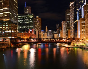 Night Photography, Chicago Photo, Cityscape, Illinois, Architecture Photo, "River Lights", Fine Art Photography, Panorama, Chicago River