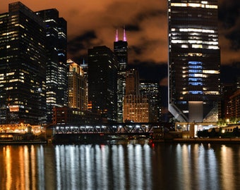 Night Photography, Chicago Photo, Cityscape, Illinois, Architecture Photo, "Wolf Point Vista", Fine Art Photography, Panorama