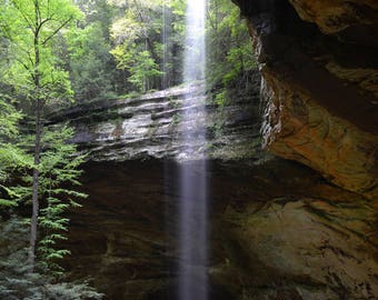Waterfall Photo, Hocking HIlls State Park, Ash Cave, Landscape Photography, Nature Print, "Pillar of Light", Fine Art Photography